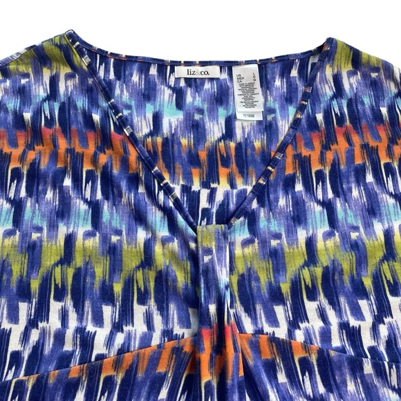 Liz & Co Pleat Front Top LARGE V-neck Colorful Career Casual Sleeveless Blouse - Picture 6 of 16